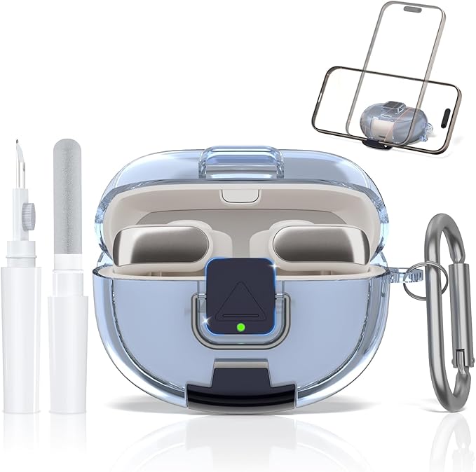 for Bose Ultra Open Earbuds Case with Secure Lock & Phone Stand, Soft TPU Shockproof Protective Clear Case for Bose Open Ear Earbuds Accessories with Cleaning Pen & Keychain (Light Blue)