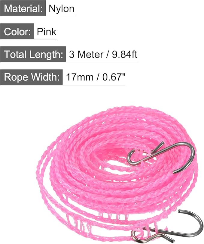 uxcell Portable Clothesline, 9.84ft Nylon Windproof Non-Slip Washing Line Rope for Courtyard Outdoor Travel Camping Laundry Drying, Pink