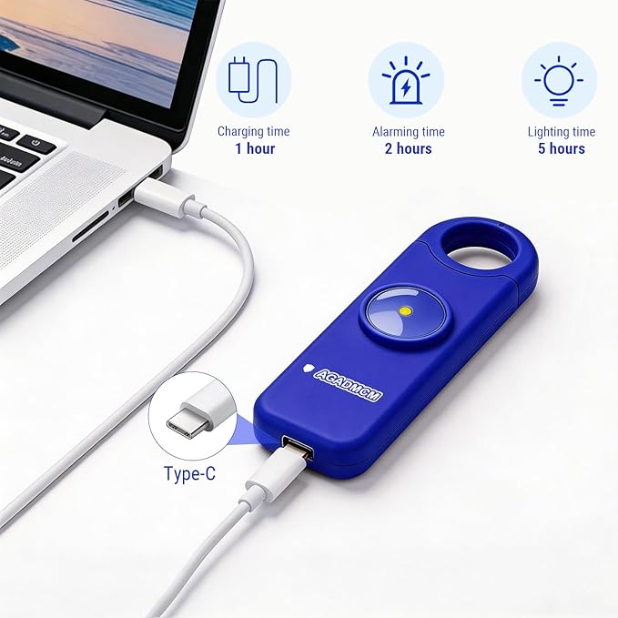 Rechargeable Personal Safety Alarm, 130dB Emergency Siren with LED Flashlight, Portable Keychain for Women, Kids, Elderly, Night Running & Travel (Navy Blue)