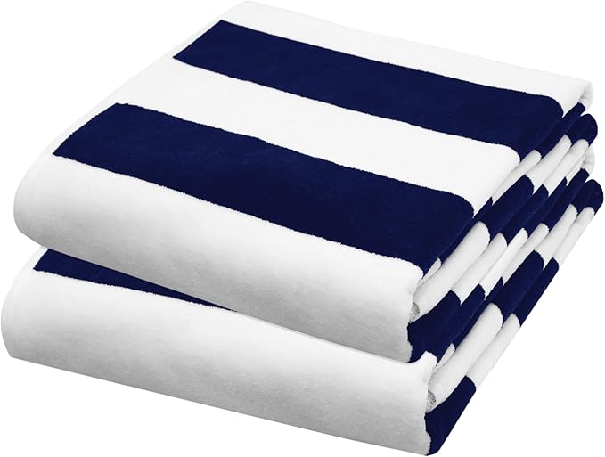 COTTON CRAFT Oversized Beach Towel - 2 Pack 35 x 70 inches XL Beach Towel - 100% Cotton Velour - Big & Huge - Thick Plush 450 GSM Super Soft Luxury Towel - Pool Picnic Bath - Cabana Stripe Navy