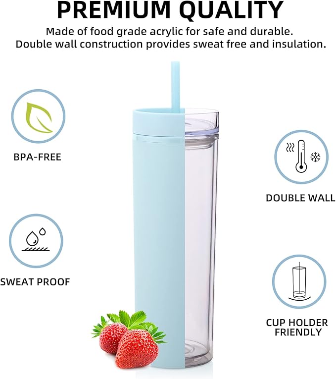 Volhoply 20oz Plastic Skinny Tumblers Bulk 10 Pack,Double Wall Tumbler with Lid and Straw,BPA Free Matte Acrylic Iced Coffee Cups with Straw,Reusable Travel Cute Mug for Party,DIY Gift(Blue, 10 Set)