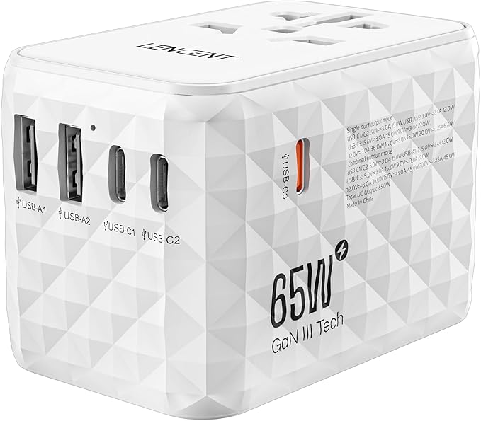 LENCENT 65W International Travel Adapter, Universal Travel Adapter with 2 USB-A & 3 PD Type C Power Outlet, Fast Charging for Phone,Laptops, All-in-One Outlet Converter for USA/UK/EU/AUS, White