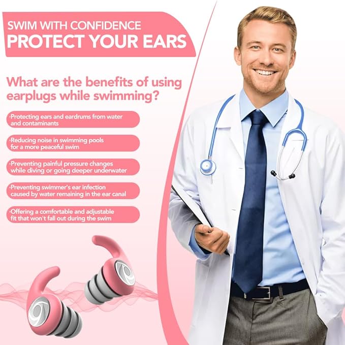 Waterproof Swimming Ear Plugs for Adults - 2 Pairs of Reusable Soft Silicone Swim Earplugs,Perfect for Surfing, Diving,Pool,Showering and Other Water Sports - Keep Water Out and Ear Protection