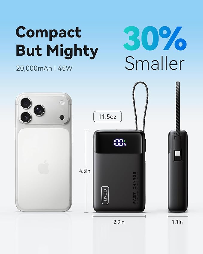 INIU Smallest 45W 20000mAh Power Bank with Built-in USB-C Cable & Ultra Slim 45W 10000mAh Power Bank Combo