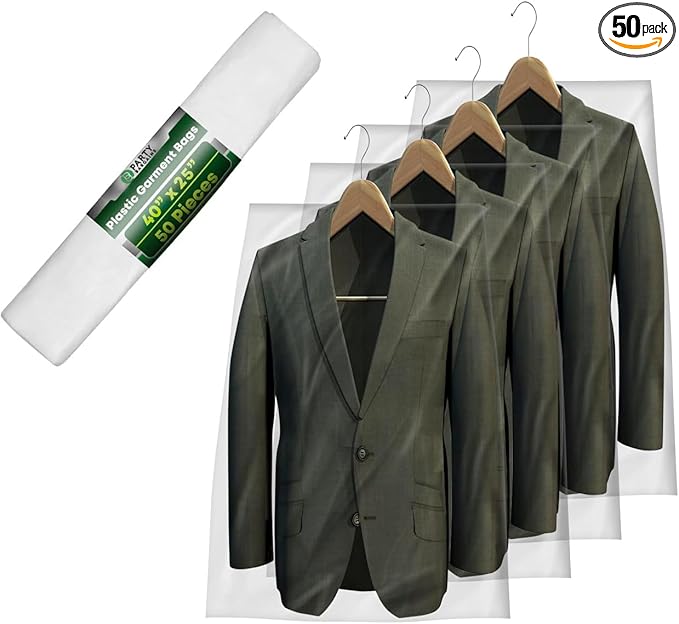 PARTY BARGAINS 40 x 25 Inch Disposable Clear Garment Bags, 50 Pack – Heavy-Duty Plastic Clothes Covers for Suits Dresses Coats, Closet & Travel