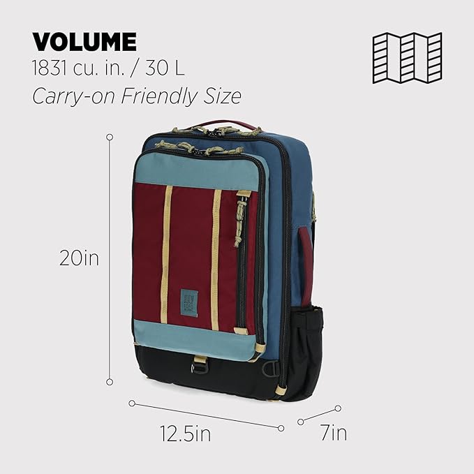 Topo Designs Global Travel Bag – 30L or 40L - Carry-On Compliant Most Airlines, Durable Travel Duffel Bag, Clam Shell Main Pocket, Laptop Sleeve, Backpack, Luggage (30L / Dark Denim/Burgundy)