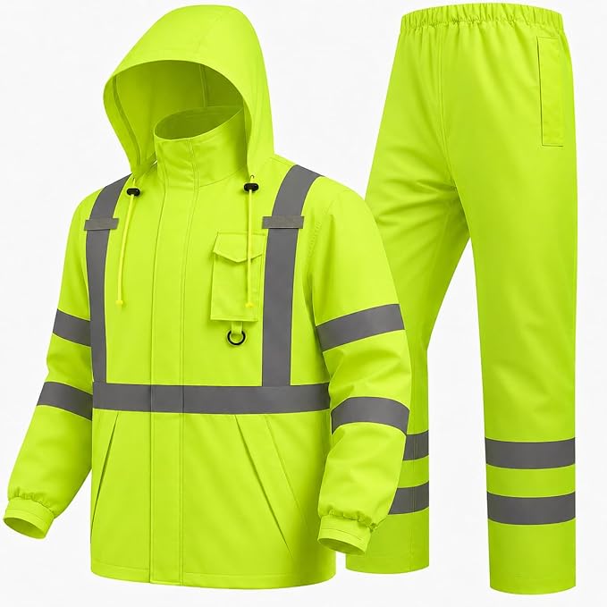 Hi Vis Class 3 Safety Rain Jacket for Men Waterproof, Reflective High Visibility Rain Gear Construction Rain Suit (Yellow 4XL/5XL)