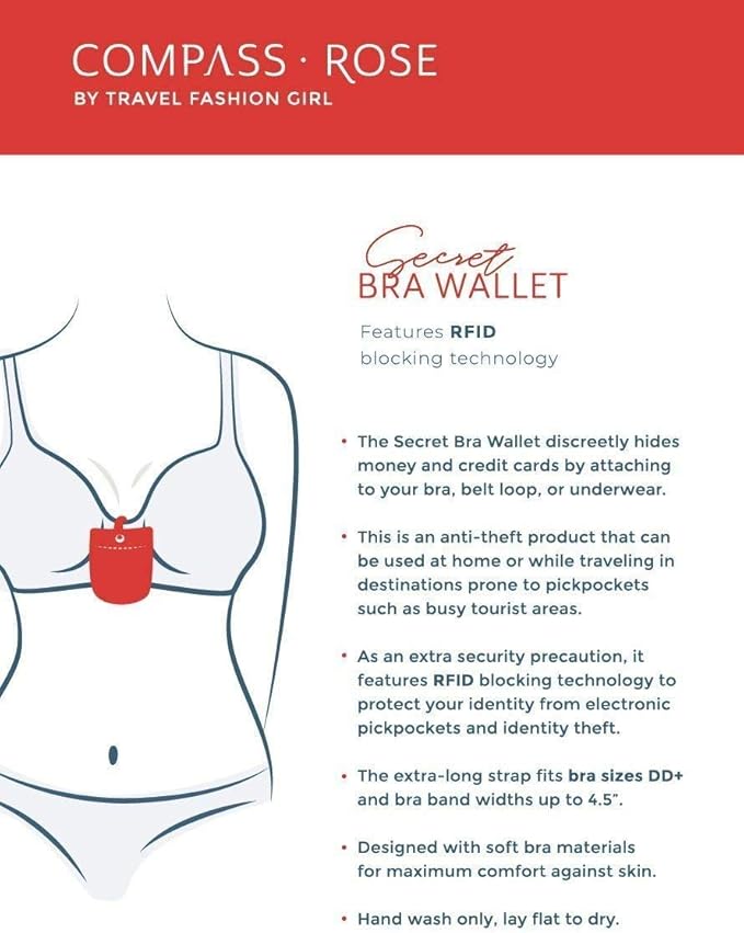 Secret Bra Wallet Women Hidden Pouch with RFID Protection and Adjustable Strap - Hidden Money Pouch for Cash, Credit Cards, or Hotel Room Key - Discreet Travel Bra Wallet