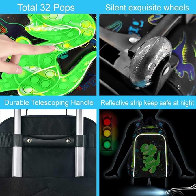 5Pcs Kids Luggage for Boys, Dinosaur Rolling Travel Carry on Suitcase for Toddler Children with Wheels(Black)