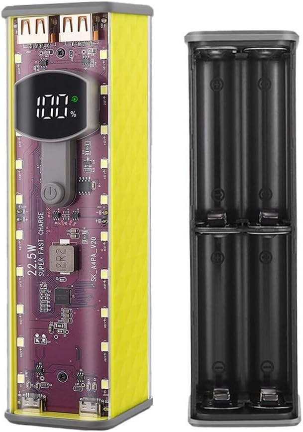 Solder-Free Portable Power Bank Case Transparent DIY Battery Box for 8x18650 Cells 22.5W 45W Fast Charging with Multi-Protection Circuit ABS Housing(yellow 22.5W)