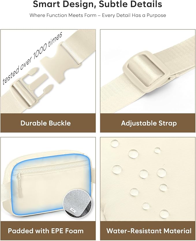 Pritent Fanny Packs for Women Cross Body Bag Waterproof Belt Bag with Adjustable Strap and Zipper Back Pocket Small Crossbody Bags Fashion Waist Packs for Workout Travelling(Ivory)