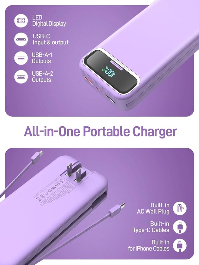 Portable Charger, 20000mAh 22.5W Fast Charging Power Bank with Built-in Cables & Wall Plug, Travel Essential External Battery Pack with LED Display, USB C Battery Phone Charger for iPhone iPad Purple