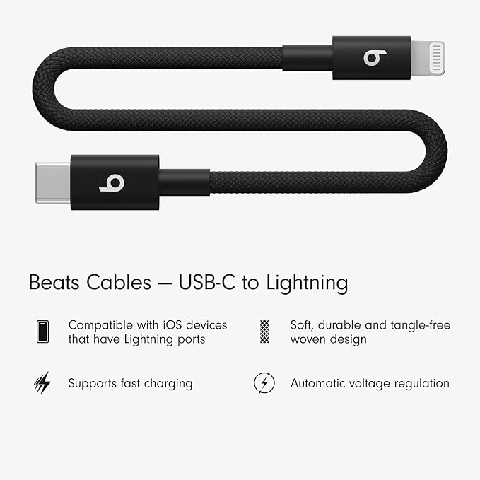 Beats USB-C to Lightning Woven Short Cable Fast Charging Durable/Tangle-Free Compatible Charger for Apple Devices w Lightning Ports (8 in, 20 cm) - Bolt Black