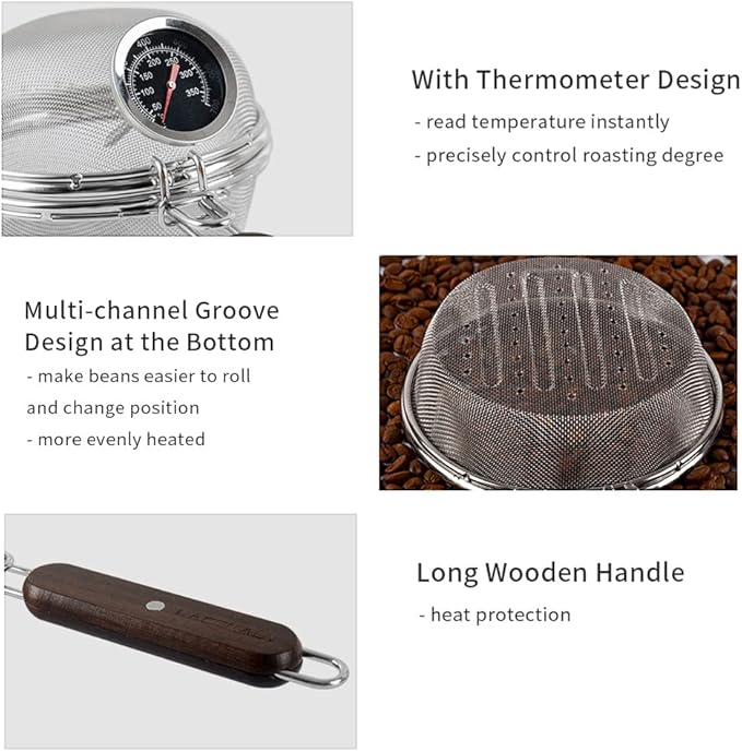Home Coffee Bean Roaster Tool - CAFEMASY Portable Stainless Steel Handy Coffee Roaster Mesh Pan Tool with Thermometer for Home & Outdoor Coffee Beans Baking