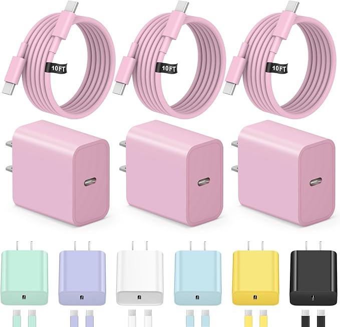 iPhone 17 16 15 Charger Fast Charging 3+3Pack Type C Charger USB C Chargers Block with 10FT Cable for iPhone Air/17/17 Plus/17 Pro/17 Pro Max/16/16 Plus/16 Pro/16 Pro Max/15/15 Pro Max/iPad Pro (Pink)