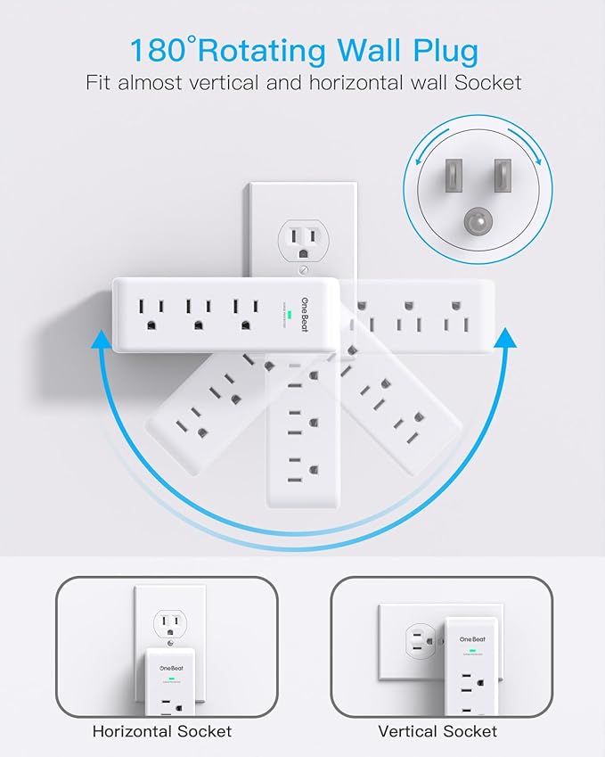 2 Pack Surge Protector Outlet Extender, 9 AC Multi Outlet Wall Plug with Rotating Plug, 1800J Wall Charger, 3-Sided Power Strip Electrical Plug Adapter Outlet Splitter for Home Office Dorm,White