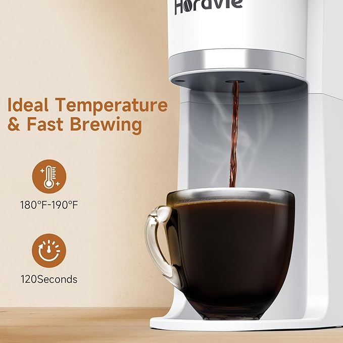 Horavie Small Single Serve Coffee Maker, Fast Brew One Cup Coffee Machine for K Cup and Grounds, 6 to 12 oz. Brew Sizes, Capsule Coffee Machine with Descaling Reminder and Viewing Tank, White