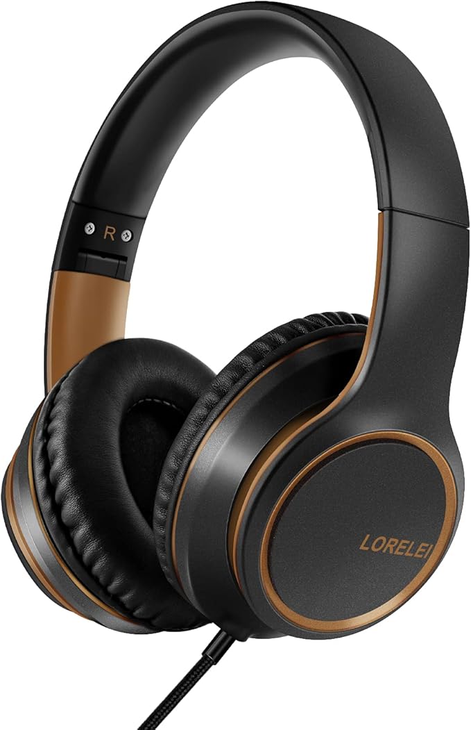 Lorelei X8 Over-Ear Wired Headphones with Microphone with 1.45m-Tangle-Free Nylon Line&3.5mm Plug,Lightweight Foldable & Portable Headphones for Smartphone,Tablet,Computer,Mp3/4(Black-Gold)