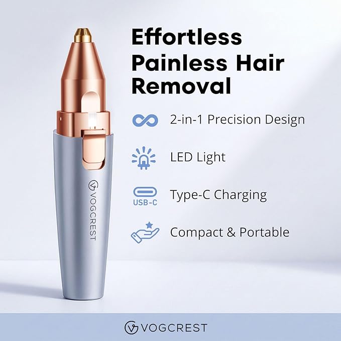 VG VOGCREST Eyebrow & Facial Trimmer: 2 in1 Rechargeable Facial Hair & Eyebrow Shaver - Painless LED Light (Sky Blue)