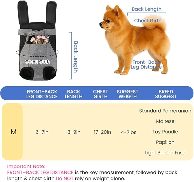 Dog Backpack Carrier, Front Pocket for Essentials, Legs Out Carrying Sling Travel Bag for Small Medium Dogs 4-7 Lbs, Soft Wearable Puppy Chest Carry Backpacks for Walking/Hiking/Camping/Traveling