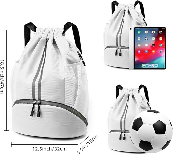 Valleycomfy Sports Drawstring Backpack - Water Resistant String Bag with Shoe Compartment Gym Backpack for Women & Men White