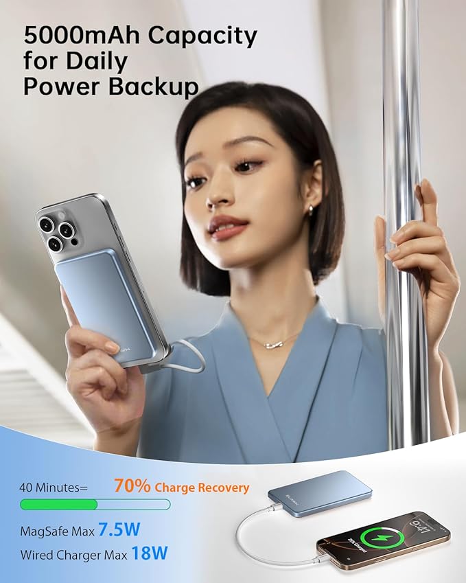 [0.3" Ultra Slim] [Alloy-Made] ULiXWH for Magsafe Portable Charger for iPhone, 2025 Upgrade 5000mAh Fast Charging Magnetic Power Bank, Wireless Battery Pack for iPhone 17 Air 16 15 Pro Max 14, Blue