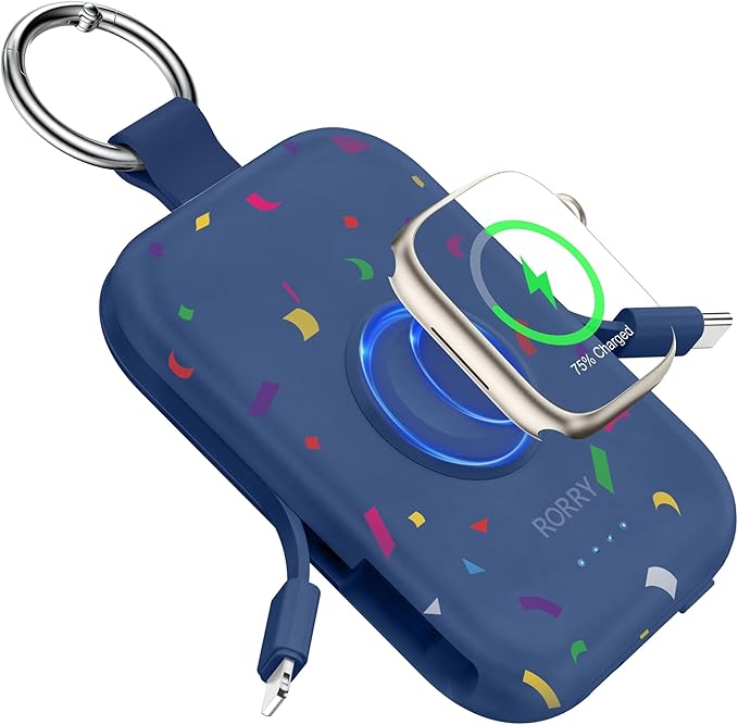 RORRY CharmGo Portable Charger, 5000mAh Portable Charger Power Bank with Built-in Cables, Travel Keychain Battery Pack for Apple Watch and iPhone Air/17/16/15/14/13/12, Confetti-Deepblue
