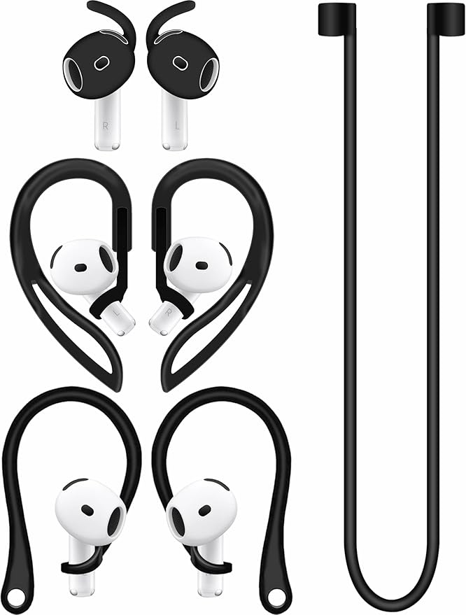 A-Focus Anti-Slip Set for AirPods 4 Silicone Adjustable Ear Hook Ergonomic Design Wings Wingtip Ear Hooks Tips Strap Sport Earbuds Accessories Eartip Compatible with AirPods 4th Black