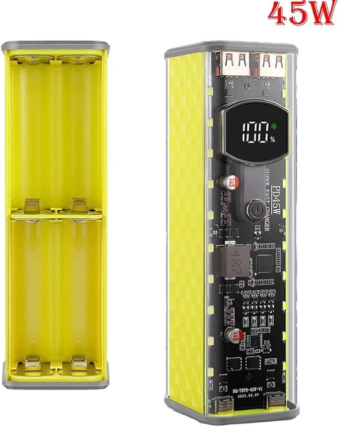 Solder-Free Portable Power Bank Case Transparent DIY Battery Box for 8x18650 Cells 22.5W 45W Fast Charging with Multi-Protection Circuit ABS Housing(yellow 22.5W)