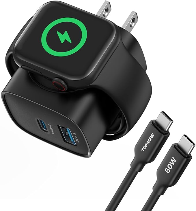TOPADRE 3-in-1 PD USB C Wall Charger Block, 20W Fast Charging Block, Charger for Apple Watch Series 11/10/9/8/7/6, for iWatch Ultra, Compatible with iPhone 16/16 Pro/iPhone 15, Black