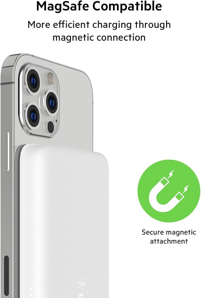 Belkin Portable Charger, MagSafe Charger Wireless Power Bank - 7.5W Wireless Charger - Portable Magnetic Battery Pack - iPhone 16, 15, 14, 13, Plus, Pro, Max, AirPods, Google Pixel 10, etc. - White