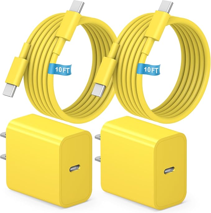 iPhone 17 16 15 Charger Fast Charging, [ETL Certified] 2 Pack 10FT USB C Charger Cable with 20W Type C Fast Charging Block for iPhone 17/17 Pro/17 Pro Max/16/16 Pro/16 Pro max/16 Plus/15（Yellow）