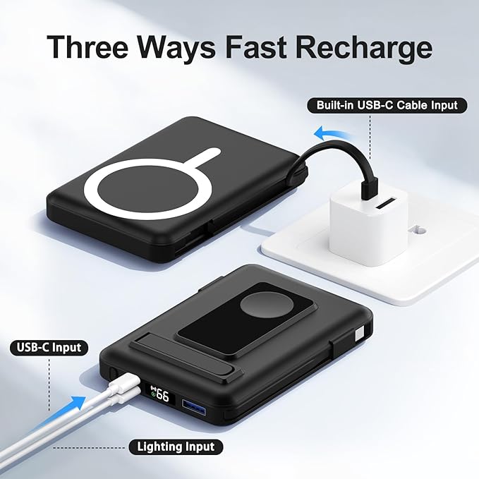 Magnetic Portable Charger, 10000mAh Wireless Power Bank for iPhone with Built-in Cables, 20W Fast Charging for Magsafe Battery Pack with Stand for iPhone Air/17/16/15/14/13/12 and Apple Watch