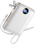 Portable Charger with Built-in Cables & Wall Plug, 10000mAh Power Bank, 4 Outputs 22.5W USB C Fast Charging, Slim Travel Battery Pack with LED Display for iPhone 17/16/15/14, White