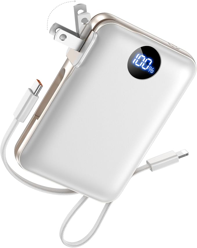 Portable Charger with Built-in Cables & Wall Plug, 10000mAh Power Bank, 4 Outputs 22.5W USB C Fast Charging, Slim Travel Battery Pack with LED Display for iPhone 17/16/15/14, White