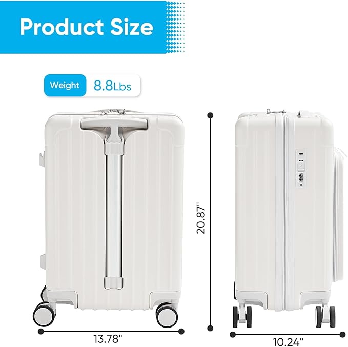 TABU 20" Carry on Luggage with Seat for Kids & Adults，Front-Opening Hardshell Carry On Suitcase with Double Handles & TSA Lock, White