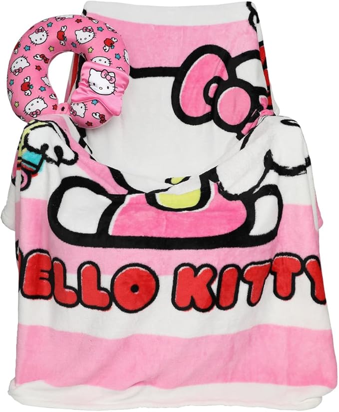 Bioworld Adult Hello Kitty Travel Set with Neck Pillow, Eye Mask, and Throw Blanket, Adorable Comfort for Hello Kitty Fans on the Go!