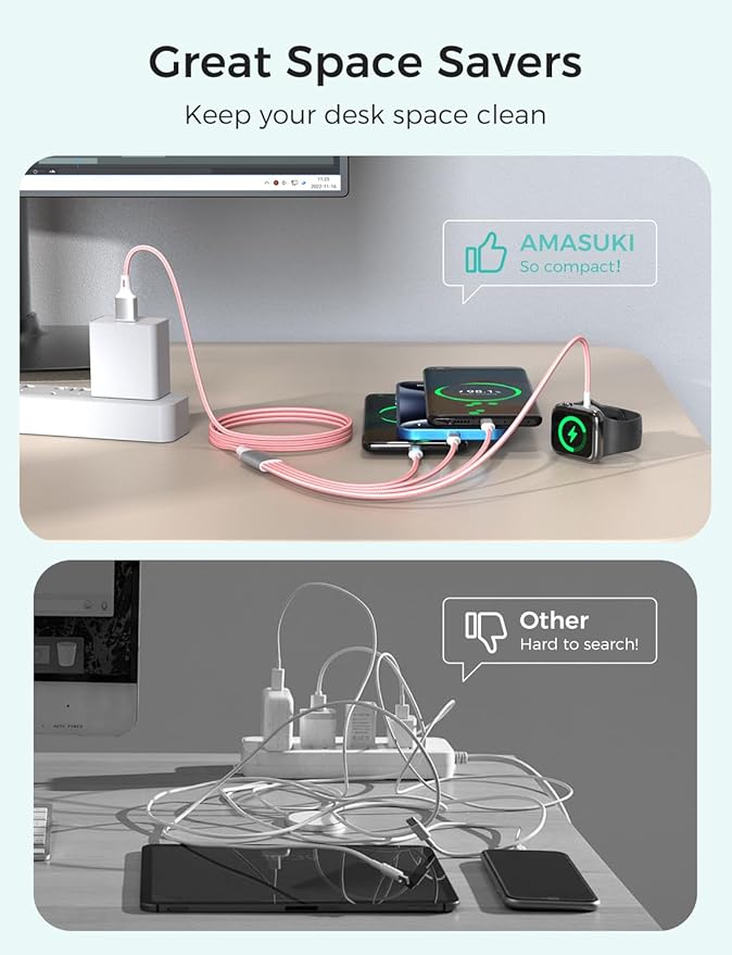 Amasuki Travel Essentials,4 in 1 for Apple Watch Charger/iPhone Charger/Multi Charging Cable,Vacation RV Camping Essentials,USB C/L/Micro Portable Charger for iWatch 11-1/iPhone 17-12,Car&Gift-Pink