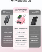 Portable Charger, 10000mAh 22.5W Fast Charging Power Bank with Built-in Cables, Travel Essentials Battery Pack with LED Display for iPhone, Portable iWatch Charger for 11/10/9/8/7/6/5/4/SE/Ultra Pink
