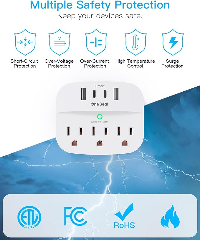 1 Pack Multi Plug Outlet Splitter, 490J Surge Protector Outlet Extender with 3 AC Outlets and 4 USB Wall Charger (2 USB C Ports), Small Adapter for Dorm Room and Travel Essentials, ETL Listed, White