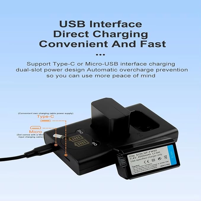 DL-FW50 Fast Dual Charger Quick Charge Portable Power Bank for A5100/A6100/A7s2/ZV-E10, NP-FW50/FZ100/FM500H Battery LCD Display