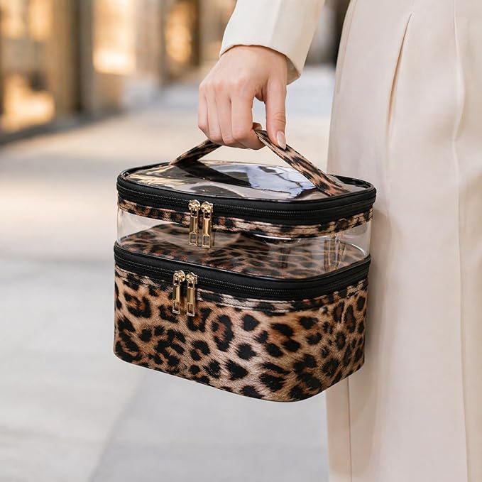 Double-layer Cosmetic Bag Makeup Bag Travel Makeup Bag Makeup Bags for Women Cosmetics Cases Portable Waterproof Foldable (Leopard)