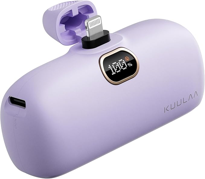 Kuulaa Portable Charger with Built-in Lightning Cable 5000mAh Small iPhone Fast Charging Mini Portable Phone Charger for iPhone 14/13/13 Pro/12/12 Pro/11/XR/XS/X/8/7/6, Purple