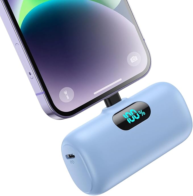 Small Portable Charger for iPhone,Upgraded 5000mAh PD Fast Charging Power Bank,Mini Plug-in Battery Pack Backup Charger Compatible with iPhone 14/14 Pro Max/13/13 Pro/12 Pro/11/XS/XR/X/8/7-Light Blue