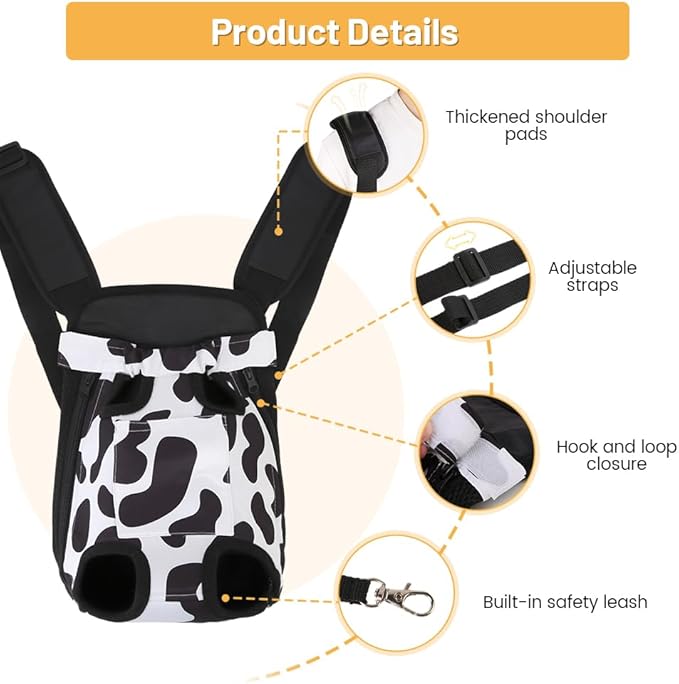 Inspack Dog Backpack Carrier/Cat Carrier, Adjustable Pet Front Carriers Travel Bag for Puppy Medium Dogs, Legs Out, Soft Ventilated Dog Chest Carry Backpacks for Hiking/Camping, 7-11 lbs, Cow Print