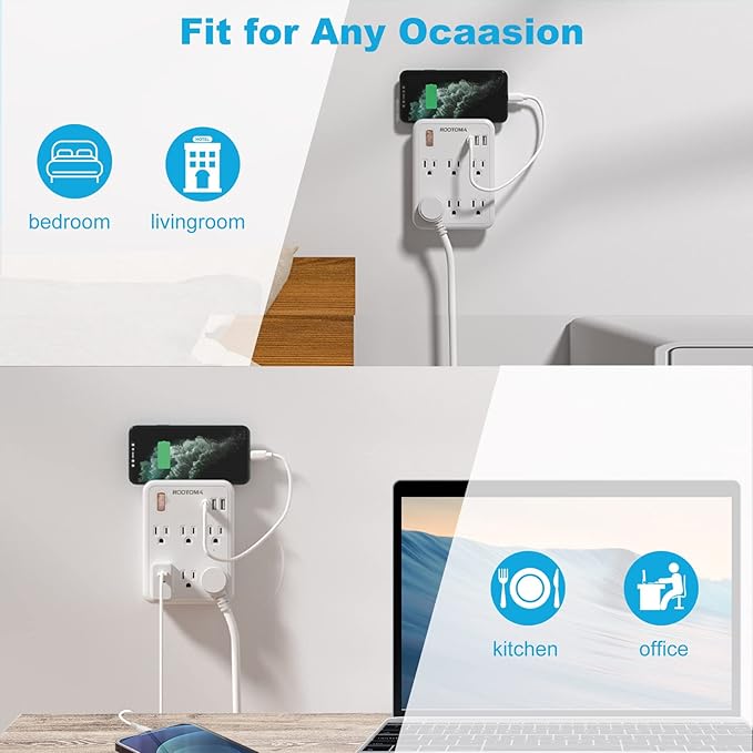 USB Wall Outlet Extender with On Off Switch, Surge Protector Outlet,6 AC Multi-Plug with 3 USB Ports (1 USB C), 490 Joules, Flat Socket Splitter with Spaced Outlet for Home, Office, College