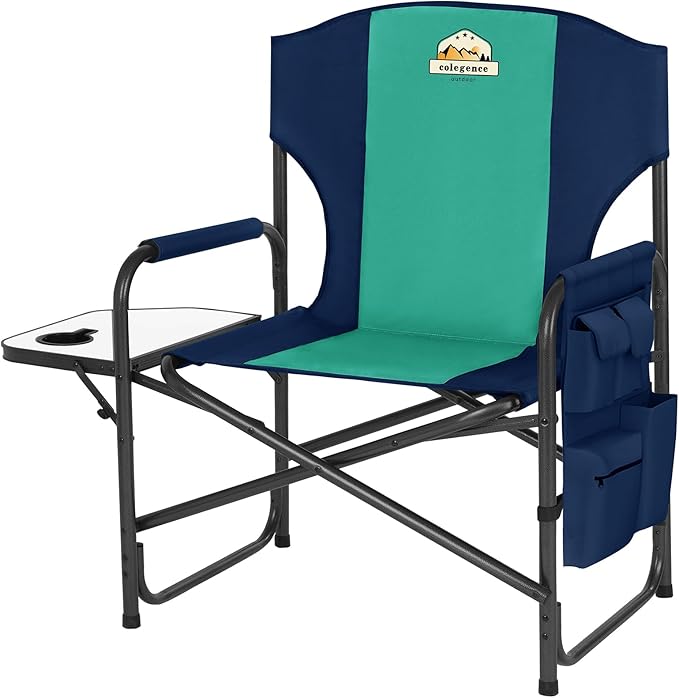 Colegence Oversized Directors Camping Chair Support 600 LBS, Heavy Duty Folding Outdoor Chairs with Detachable Side Pocket and Adjustable Side Table for Outside Beach,Lawn,Fishing,Dark Blue