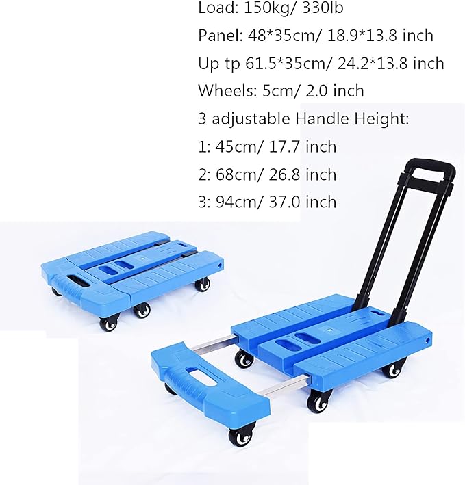 Foldable Hand Truck with 6 Wheels Lightweight Portable Trolley Extendable Handle for Home Office Travel Luggage Moving 330 lbs Weight Capacity