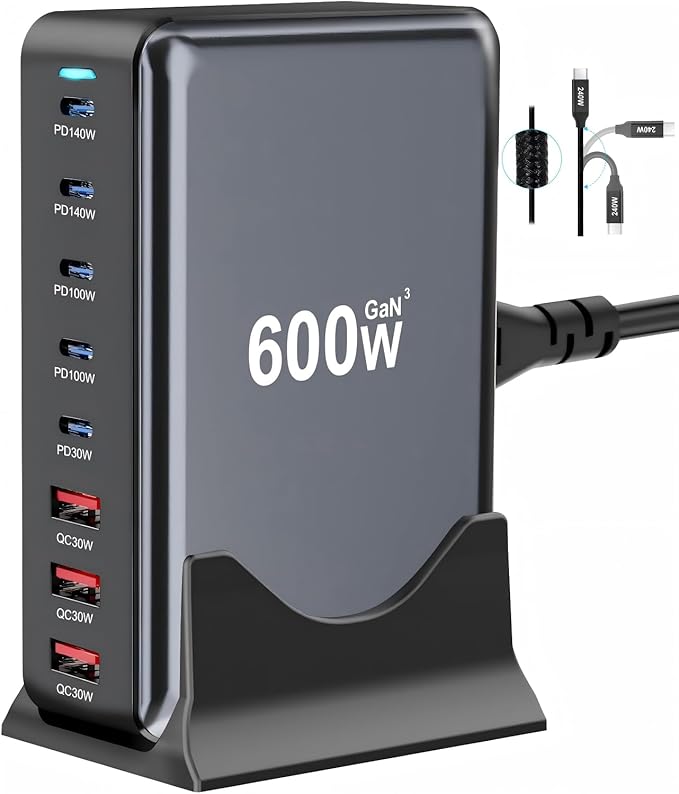 600W USB C Fast Charger Block, Multi-port USB Charging Station, GaN Ⅲ Double 140W PD PPS Port Fast Charging Station for Multiple Devices,Laptop Wall Charger Compatible with MacBook, iPhone 17,iPad etc
