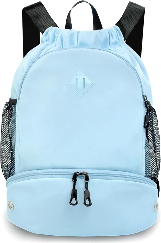RHDZO Drawstring Backpack Gym Backpack with Shoe Compartment for Men Women String Sports Bag with Wet Pocket Cinch Swim Beach Bag, Large Blue
